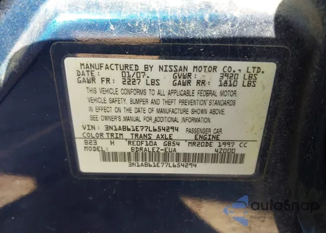 2007 Nissan Sentra 2.0S z USA, uszkodzony, nr VIN 3N1AB61E77L654294